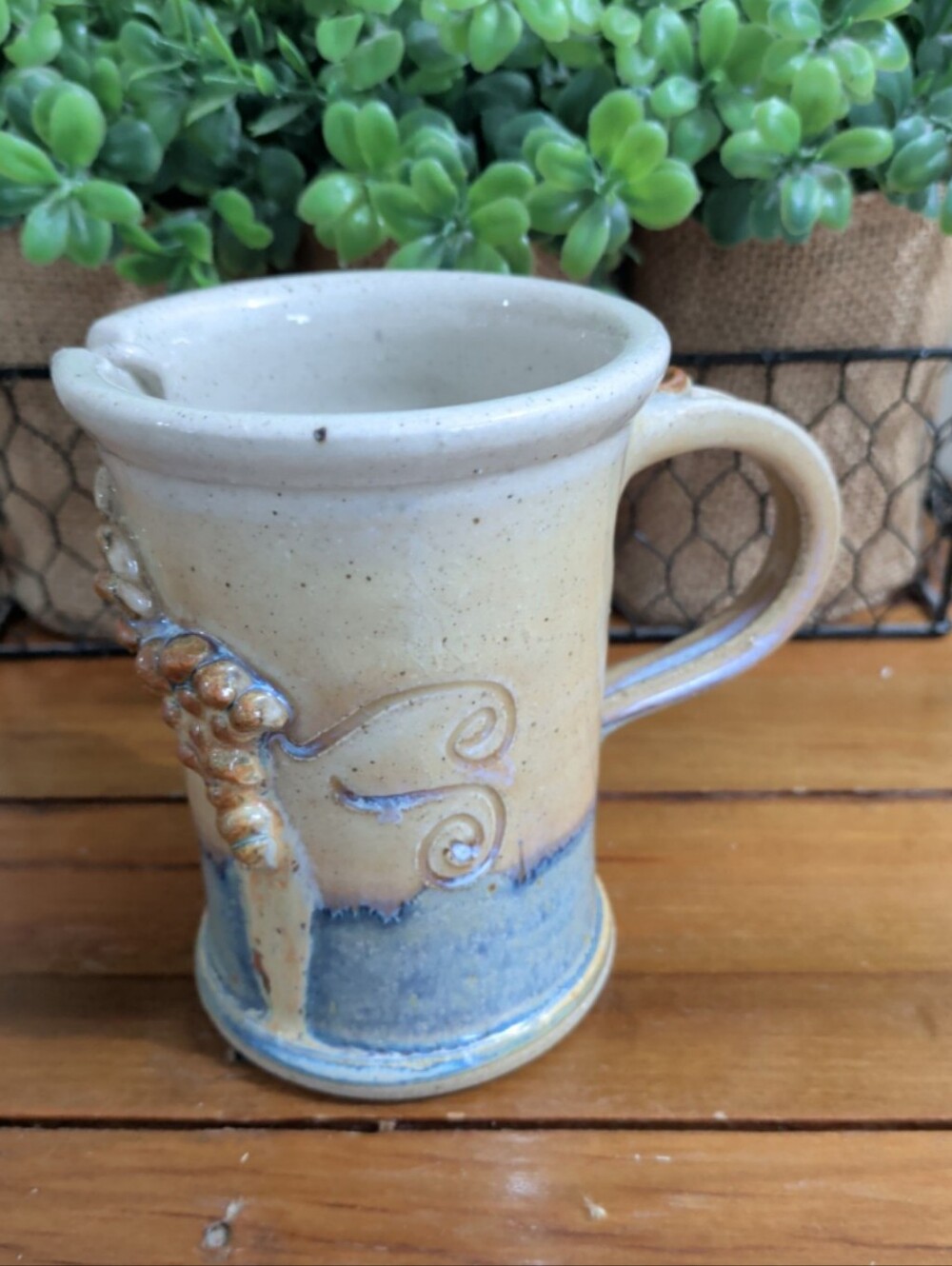 Speckled Stoneware Signed Pottery Mug With Grape Design